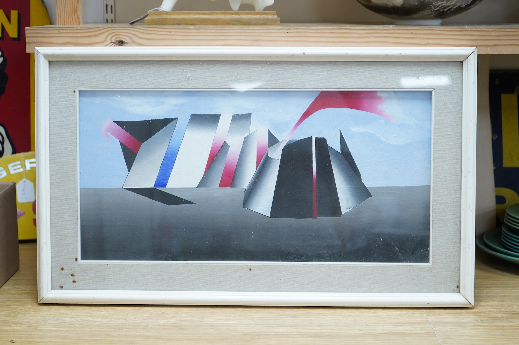 Attributed to Eugenio Manzella (Italian), Abstract composition, unsigned, label and inscriptions verso, 1970’s oil on canvas, 28 x 58cm